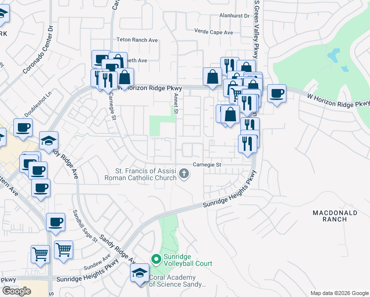 map of restaurants, bars, coffee shops, grocery stores, and more near 717 Waltham Hills Street in Henderson