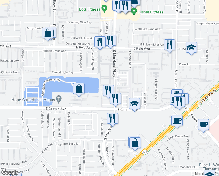 map of restaurants, bars, coffee shops, grocery stores, and more near 1176 Claire Rose Avenue in Las Vegas