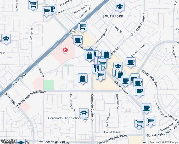 map of restaurants, bars, coffee shops, grocery stores, and more near 831 Coronado Center Drive in Henderson