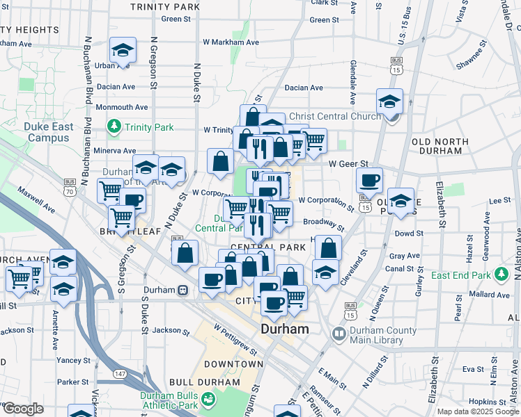 map of restaurants, bars, coffee shops, grocery stores, and more near 545 Foster Street in Durham
