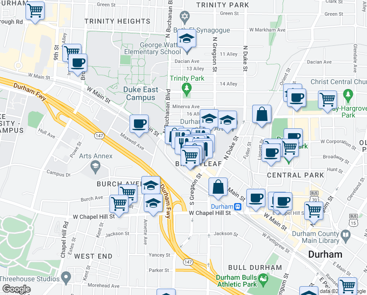 map of restaurants, bars, coffee shops, grocery stores, and more near 900 West Morgan Street in Durham