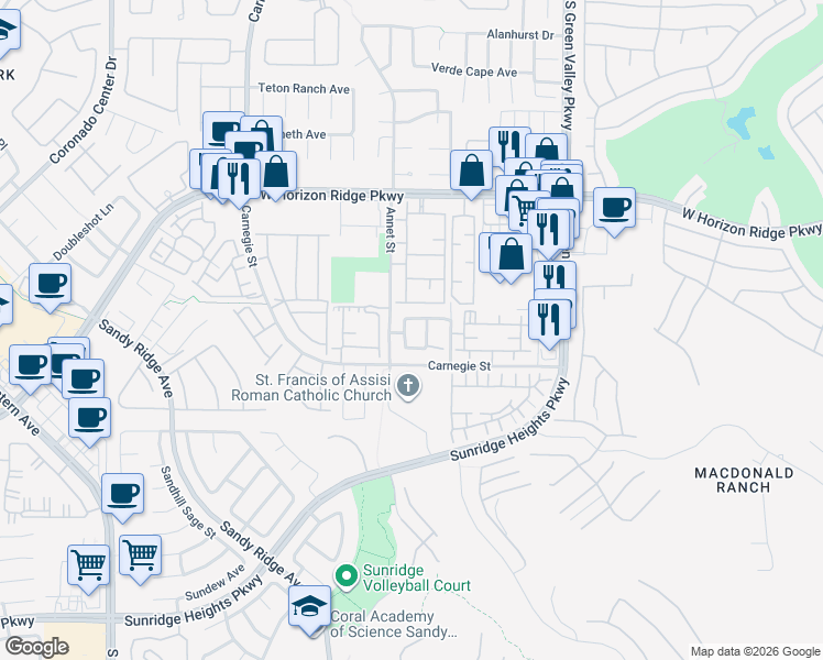 map of restaurants, bars, coffee shops, grocery stores, and more near 717 Waltham Hills Street in Henderson