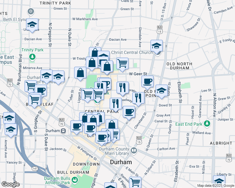 map of restaurants, bars, coffee shops, grocery stores, and more near 307 West Corporation Street in Durham