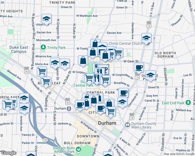map of restaurants, bars, coffee shops, grocery stores, and more near 540 Foster Street in Durham