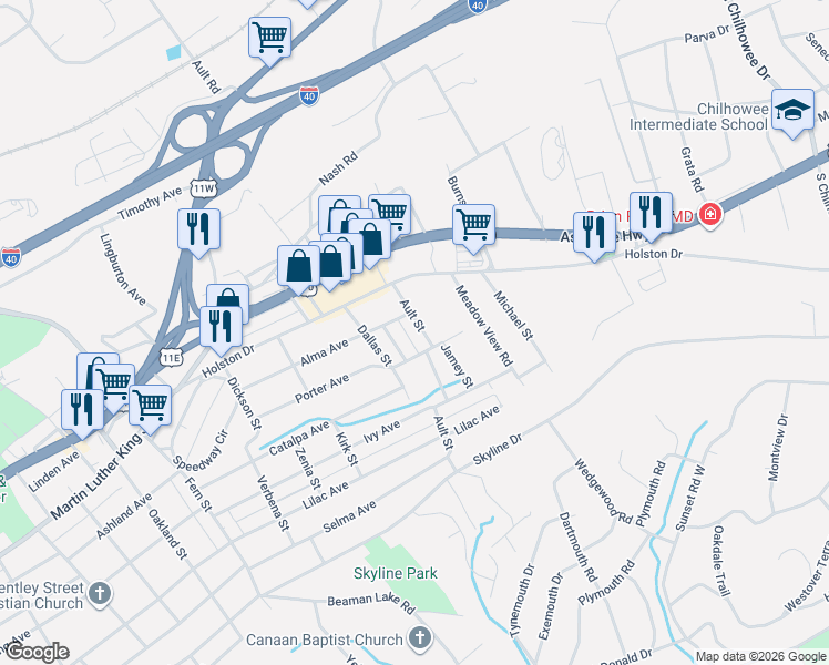 map of restaurants, bars, coffee shops, grocery stores, and more near 212 Connex Street in Knoxville