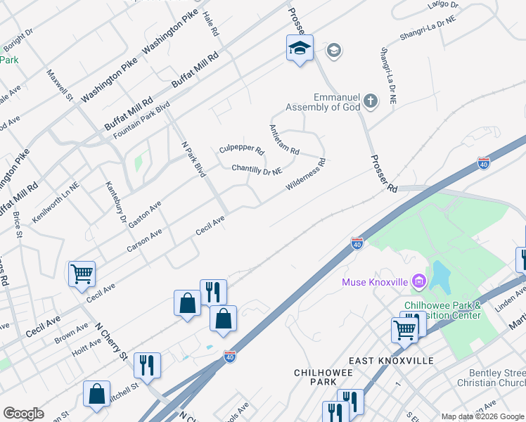 map of restaurants, bars, coffee shops, grocery stores, and more near 3148 Wilderness Road in Knoxville