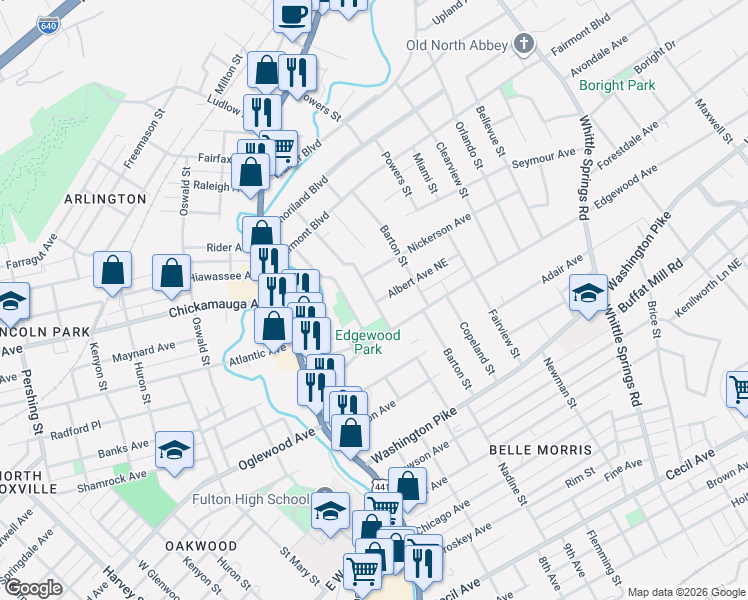 map of restaurants, bars, coffee shops, grocery stores, and more near 3101 Dempster Street Northeast in Knoxville
