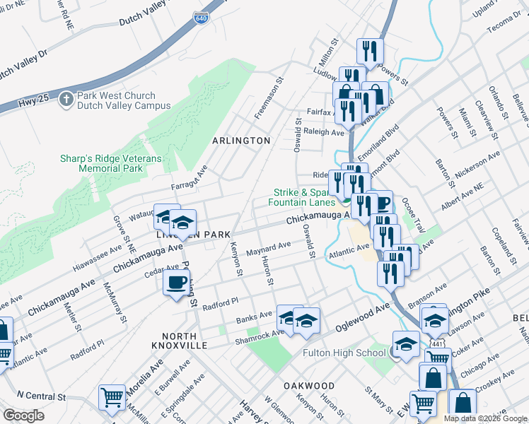 map of restaurants, bars, coffee shops, grocery stores, and more near 900 Hiawassee Avenue in Knoxville