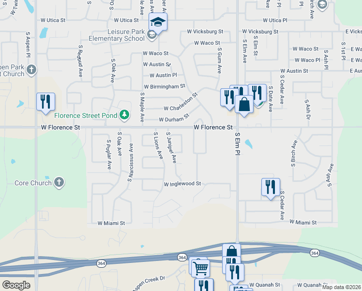 map of restaurants, bars, coffee shops, grocery stores, and more near 5001 South Ironwood Avenue in Broken Arrow