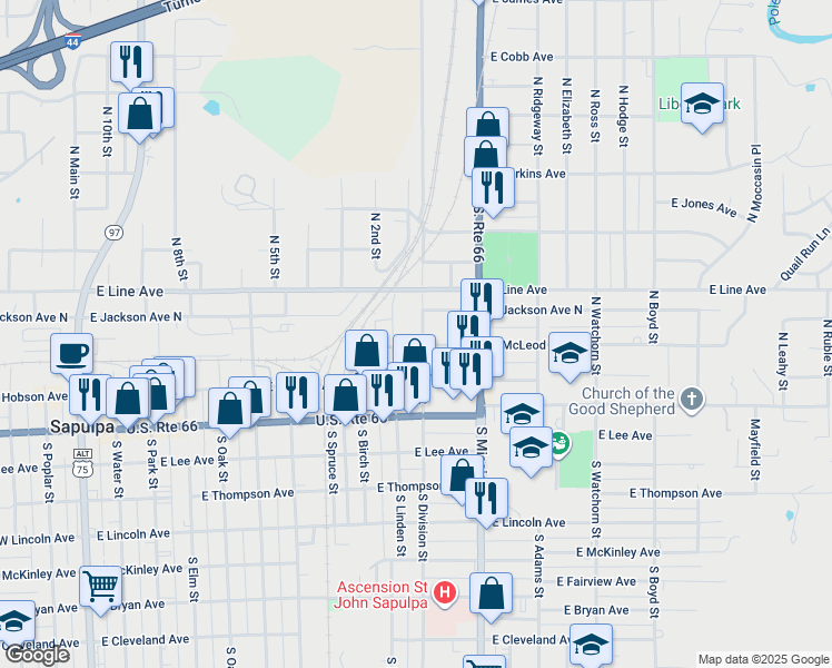 map of restaurants, bars, coffee shops, grocery stores, and more near 205 North Linden Street in Sapulpa