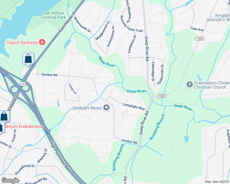 map of restaurants, bars, coffee shops, grocery stores, and more near 2510 Copperleaf Court in High Point