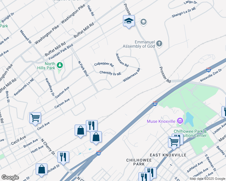 map of restaurants, bars, coffee shops, grocery stores, and more near 3148 Wilderness Road in Knoxville