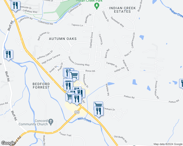 map of restaurants, bars, coffee shops, grocery stores, and more near 8904 Greylock Drive in Brentwood