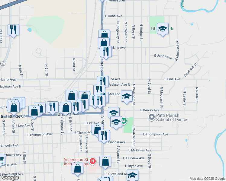 map of restaurants, bars, coffee shops, grocery stores, and more near 1125 East McLeod Avenue in Sapulpa