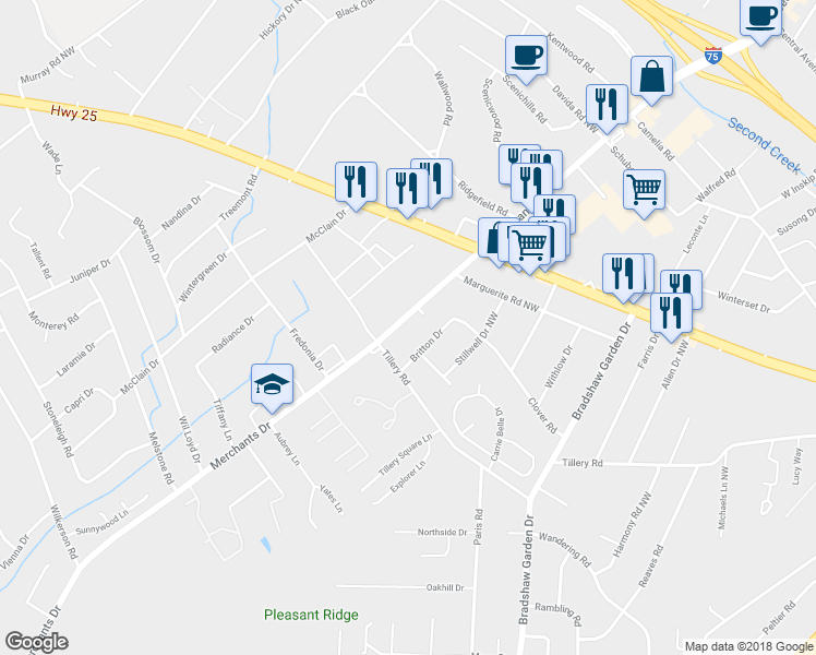 map of restaurants, bars, coffee shops, grocery stores, and more near 1214 Merchant Drive in Knoxville