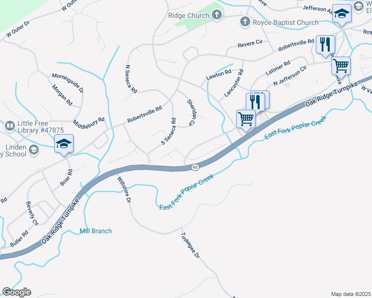 map of restaurants, bars, coffee shops, grocery stores, and more near 12 Lindale Lane in Oak Ridge