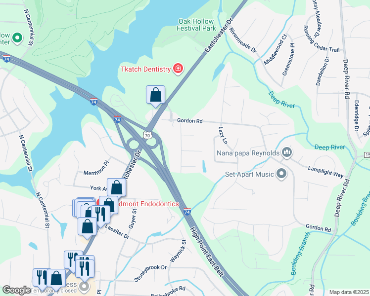 map of restaurants, bars, coffee shops, grocery stores, and more near 1618 Staley Road in High Point