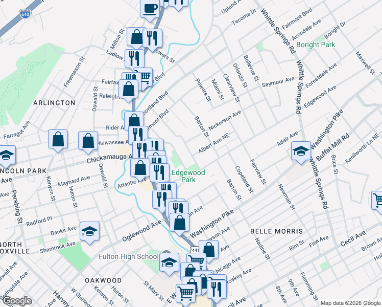 map of restaurants, bars, coffee shops, grocery stores, and more near 3101 Dempster Street Northeast in Knoxville