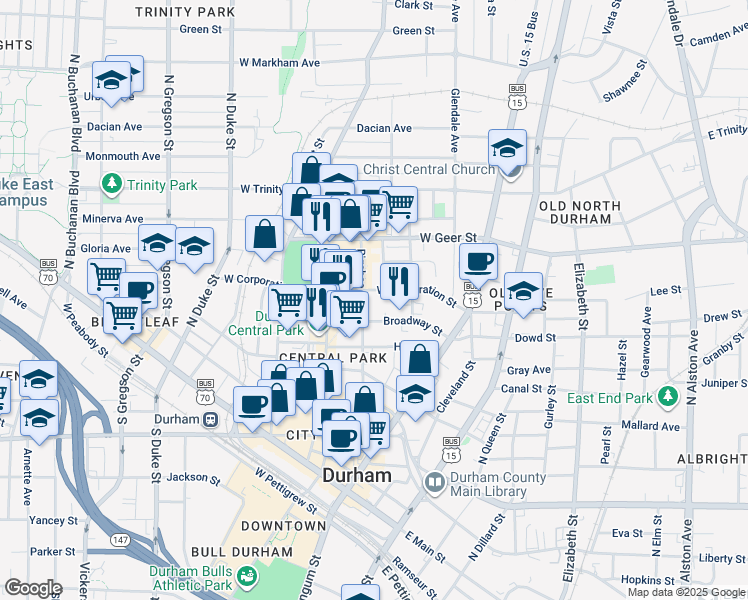 map of restaurants, bars, coffee shops, grocery stores, and more near 612 Rigsbee Avenue in Durham