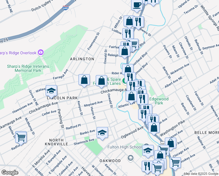 map of restaurants, bars, coffee shops, grocery stores, and more near 1105 Chickamauga Avenue in Knoxville