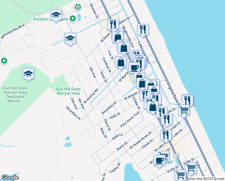 map of restaurants, bars, coffee shops, grocery stores, and more near 1201 Swan Street in Kill Devil Hills