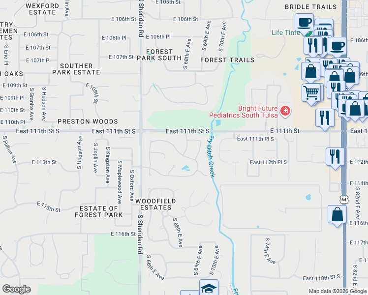 map of restaurants, bars, coffee shops, grocery stores, and more near 6829 East 112th Street South in Bixby