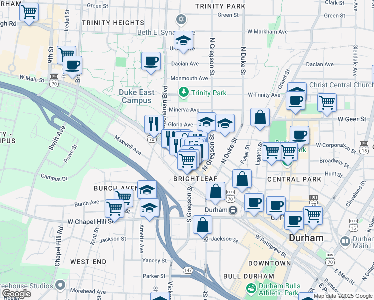map of restaurants, bars, coffee shops, grocery stores, and more near 906 West Morgan Street in Durham