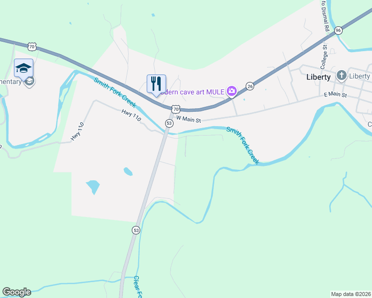 map of restaurants, bars, coffee shops, grocery stores, and more near 385 Adamson Branch Road in Liberty