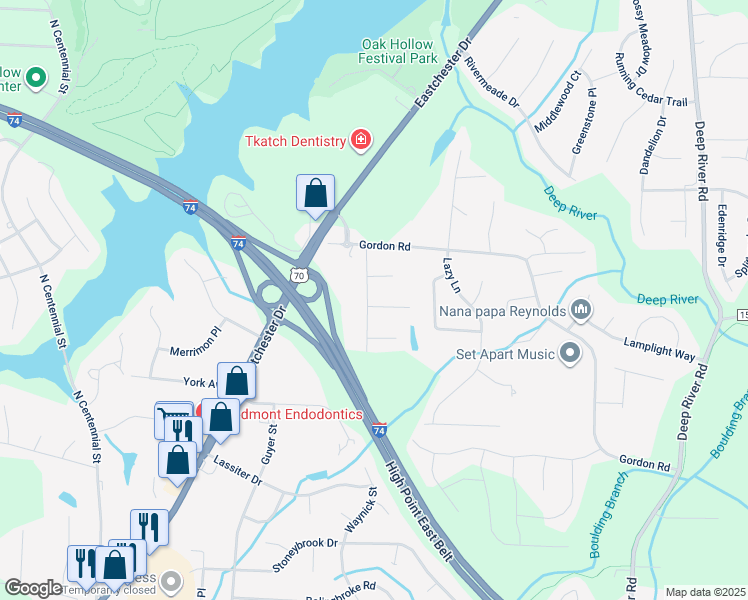 map of restaurants, bars, coffee shops, grocery stores, and more near 1618 Staley Road in High Point