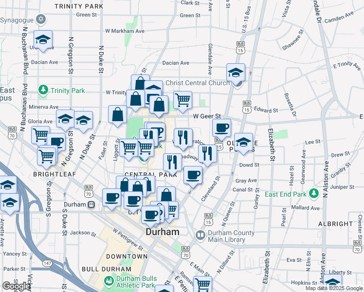 map of restaurants, bars, coffee shops, grocery stores, and more near 307 West Corporation Street in Durham