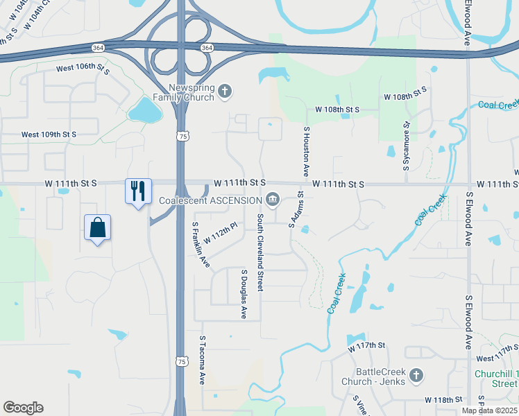 map of restaurants, bars, coffee shops, grocery stores, and more near 11120 South Cleveland Street in Jenks
