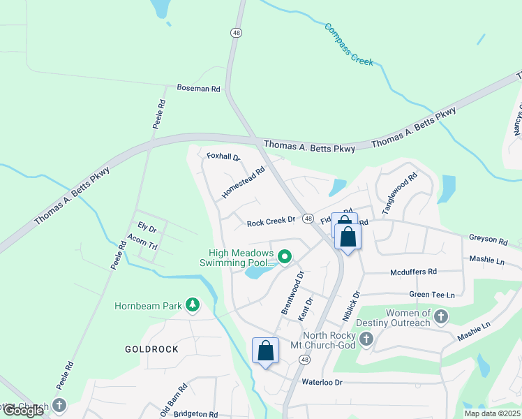 map of restaurants, bars, coffee shops, grocery stores, and more near 1409 Treetop Lane in Rocky Mount