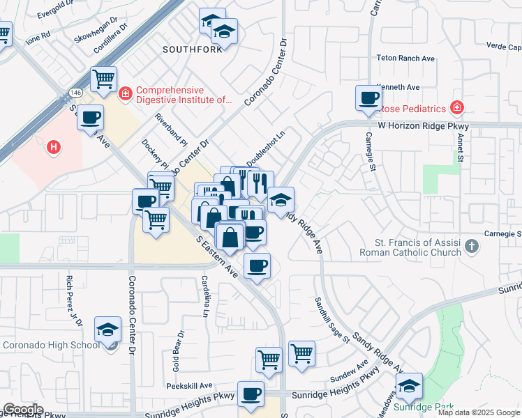 map of restaurants, bars, coffee shops, grocery stores, and more near 2642 West Horizon Ridge Parkway in Henderson
