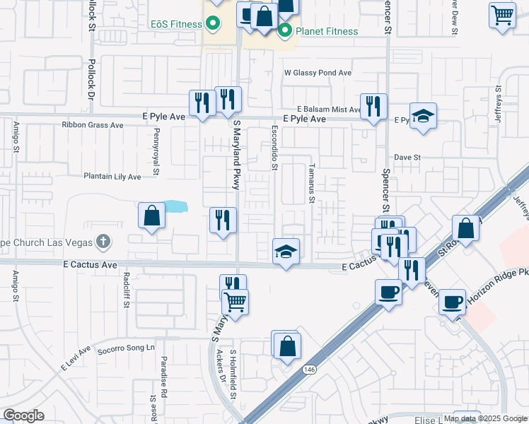 map of restaurants, bars, coffee shops, grocery stores, and more near 1289 Oak Village Avenue in Las Vegas