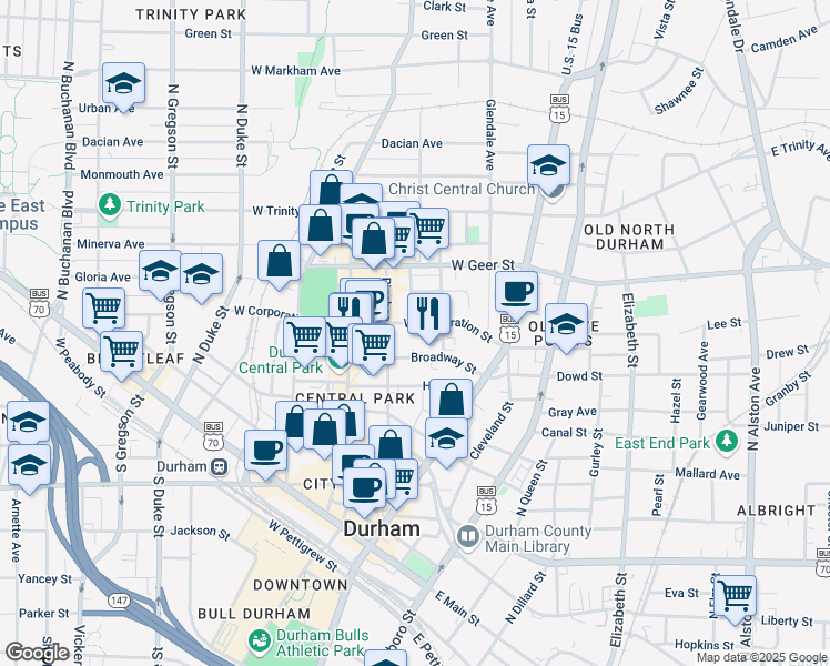 map of restaurants, bars, coffee shops, grocery stores, and more near 307 West Corporation Street in Durham