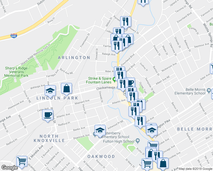 map of restaurants, bars, coffee shops, grocery stores, and more near 1141 Chickamauga Avenue in Knoxville