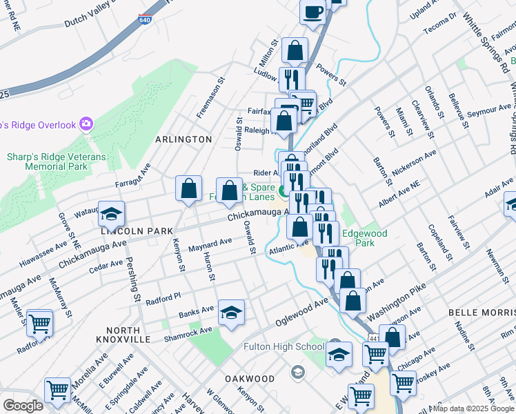map of restaurants, bars, coffee shops, grocery stores, and more near 1105 Chickamauga Avenue in Knoxville