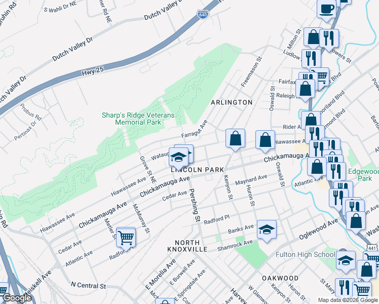 map of restaurants, bars, coffee shops, grocery stores, and more near 604 Watauga Avenue in Knoxville