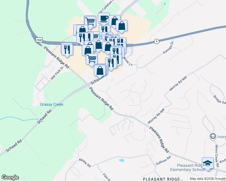 map of restaurants, bars, coffee shops, grocery stores, and more near 6511 Ridge Run Drive in Knoxville