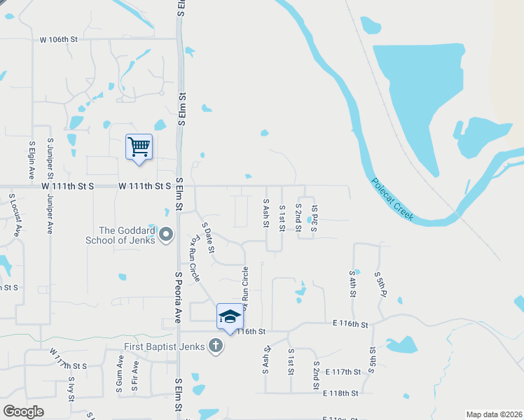map of restaurants, bars, coffee shops, grocery stores, and more near 11205 South Birch Street in Jenks