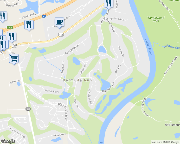 map of restaurants, bars, coffee shops, grocery stores, and more near 118 Golfview Dr in Bermuda Run