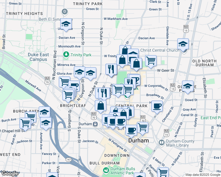 map of restaurants, bars, coffee shops, grocery stores, and more near Liggett Street in Durham
