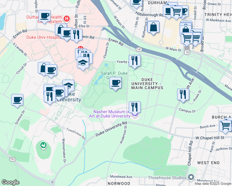 map of restaurants, bars, coffee shops, grocery stores, and more near 426 Anderson Street in Durham
