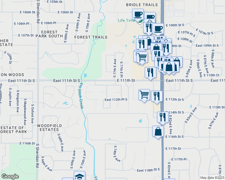 map of restaurants, bars, coffee shops, grocery stores, and more near 7325 East 112th Street South in Bixby