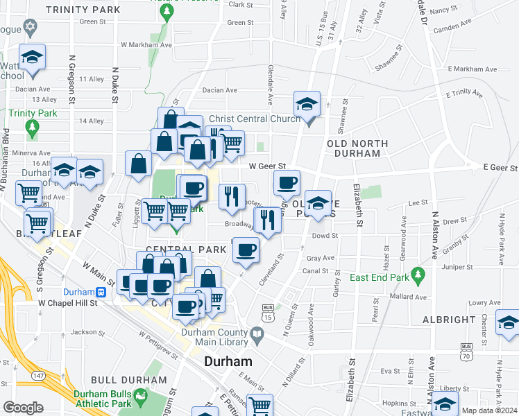 map of restaurants, bars, coffee shops, grocery stores, and more near 207 West Corporation Street in Durham