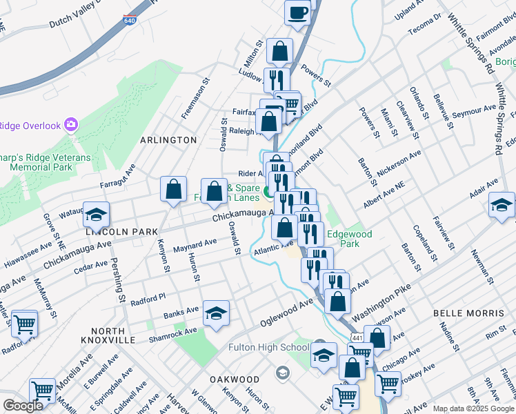 map of restaurants, bars, coffee shops, grocery stores, and more near 1141 Chickamauga Avenue in Knoxville