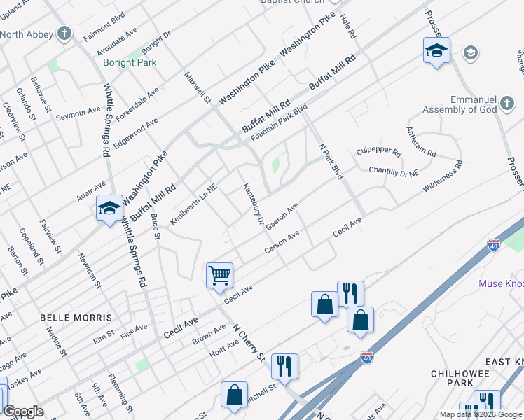 map of restaurants, bars, coffee shops, grocery stores, and more near 2324 Kantebury Drive in Knoxville