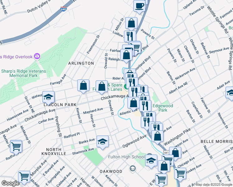 map of restaurants, bars, coffee shops, grocery stores, and more near 1141 Chickamauga Avenue in Knoxville