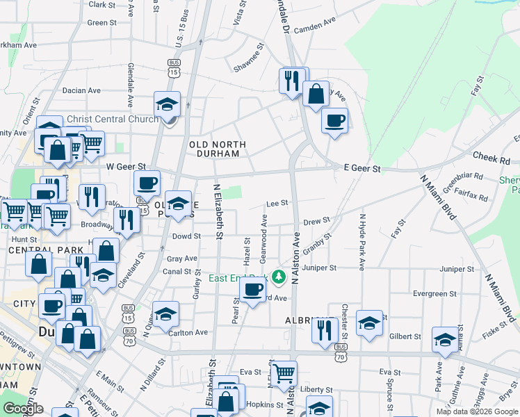map of restaurants, bars, coffee shops, grocery stores, and more near 1409 Gearwood Avenue in Durham