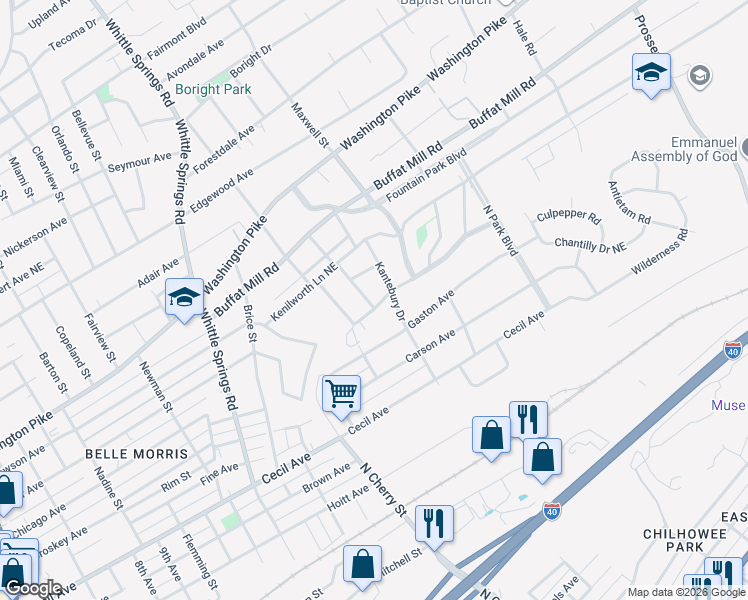 map of restaurants, bars, coffee shops, grocery stores, and more near 2325 Kantebury Drive in Knoxville